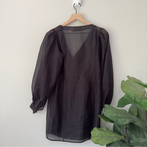Good American Sheer Tulle Crepe Dress Overlay Button Down Puff Long Sleeve Black - Picture 2 of 12